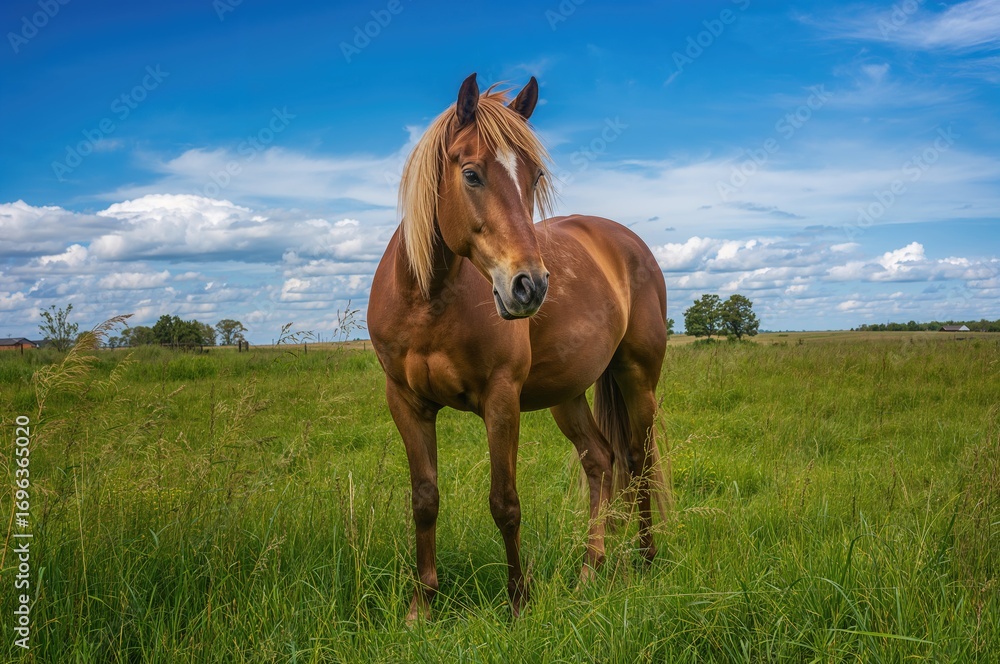 Fototapeta premium Equine grazing in a sunny field amidst lush greenery