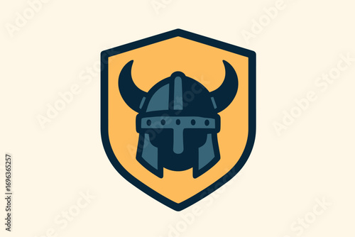 Viking helmet emblem with horns on a shield.