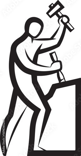 Vector art of stylized illustration of a sculptor chiseling a stone block