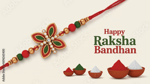 Happy Raksha Bandhan celebration, a beautiful rakhi with colorful powders for a traditional Hindu festival