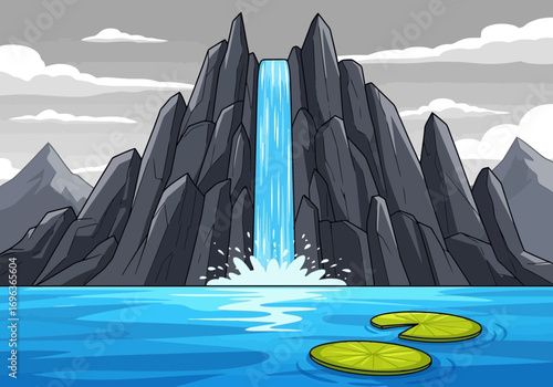 Vector art of pixel art illustration of a majestic waterfall cascading down rocky mountains into a calm blue lake with lily pads