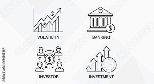 Vector illustration of four financial icons depicting volatility, banking, investor, and investment