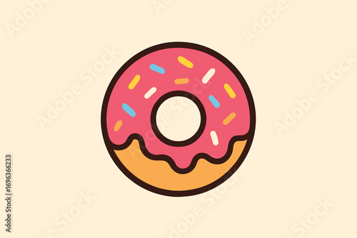 Cartoon illustration of a pink frosted donut with colorful sprinkles.