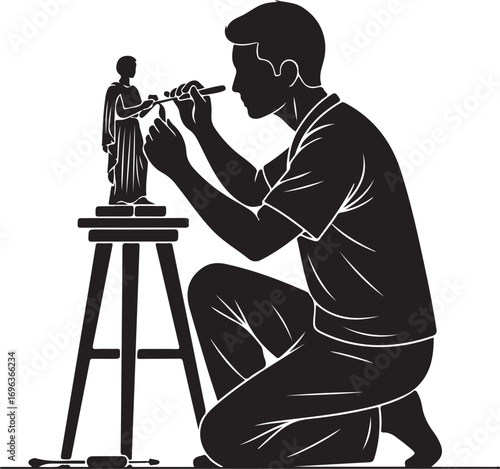Vector art of silhouette of a sculptor meticulously crafting a small statue on a stool, highlighting the art of creation and dedication in a studio setting