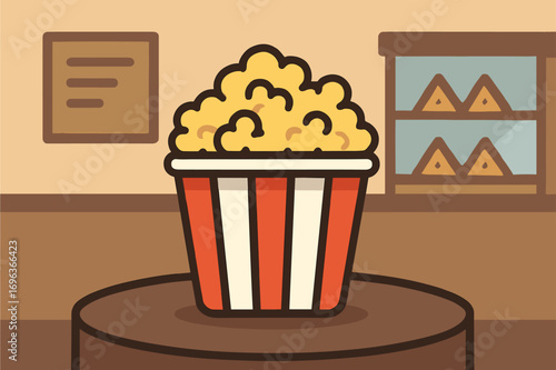 Delicious popcorn bucket ready to be enjoyed at the cinema during a movie night.