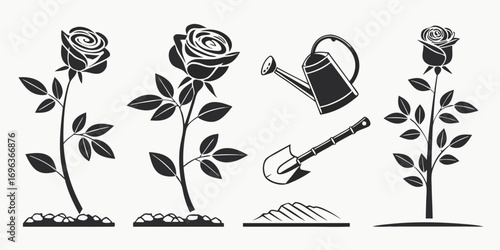 Black Silhouette Roses and Gardening Tools