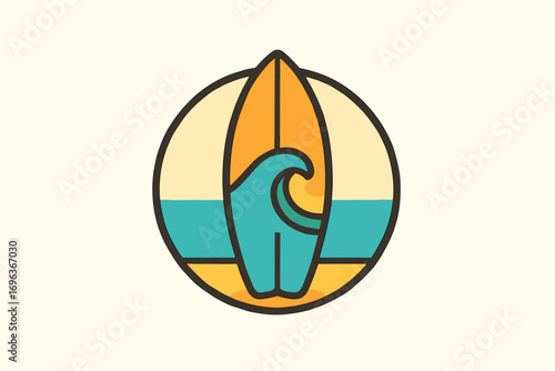 Stylized Surfboard and Ocean Wave Emblem.