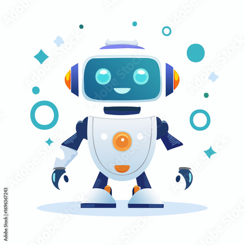 Cartoon robot character with a friendly face and a white and blue color scheme.