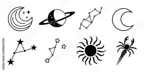 Celestial Icons: Moon, Planet, Constellations, Sun, Scorpion