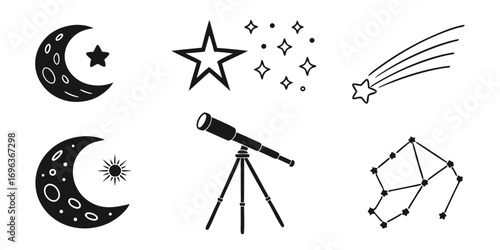Celestial Icons: Moon, Stars, Telescope, and Constellation