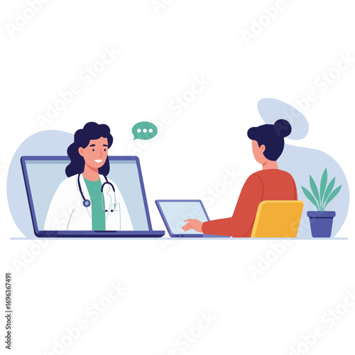 Flat vector illustration of telemedicine consultation with doctor and patient using laptop at home, digital healthcare concept