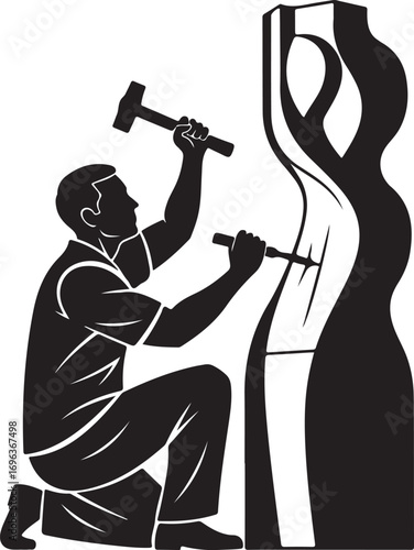Vector art of silhouette of a sculptor chiseling a modern abstract sculpture