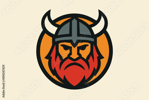 Viking warrior head with horned helmet and red beard.