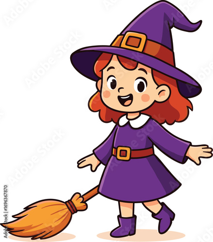 Cute cartoon illustration of a little girl dressed as a witch with a broomstick, perfect for Halloween and fantasy themes
