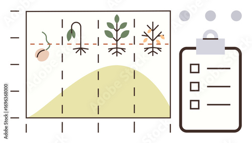 Growth stages of a plant shown on a graph with a seedling, sprout, mature plant, and dry plant. Includes checklist clipboard. Ideal for biology, farming, sustainability, education project planning
