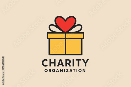 Charity organization logo with gift box and heart symbol for giving.
