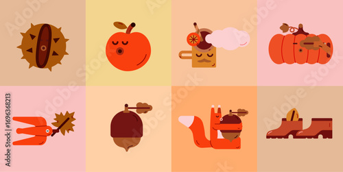 Autumn cute set. Autumn set with characters. Сozy autumn set. Squirrel. Nut. Pumpkin. Chestnut. Cocoa. Autumn leaf. Autumn boots. Bird with autumn leaf. Autumn apple. Autumn characters.