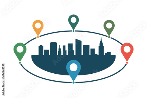 City skyline silhouette with various colored location pins around it in a circular arrangement