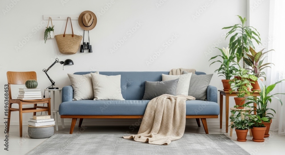 Fototapeta premium Serene Living Room with Blue Sofa, Plants, and Natural Light Accents