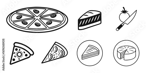Collection of Food Icons: Pizza, Cake, and Tomato