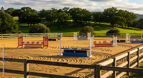 Equestrian Arena with Colorful Jumps and Sand Surface.