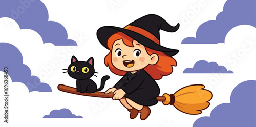 Cute cartoon witch girl with her black cat flying on a magical broomstick through the cloudy night sky for a Halloween celebration