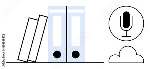 Document folders neatly stacked with two standing upright, a microphone symbol for audio input, and a cloud for data storage. Ideal for organization, productivity, education, digital storage, remote