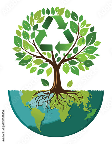 A powerful and symbolic vector image depicting a lush green tree with a brown trunk, its roots firmly planted in the top half of the Earth.