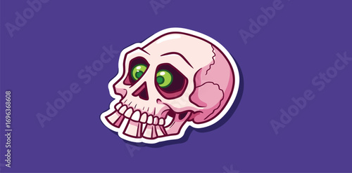 A whimsical cartoon skull sticker with vibrant green eyes and a slightly melancholic expression, ideal for playful spooky designs or Halloween projects