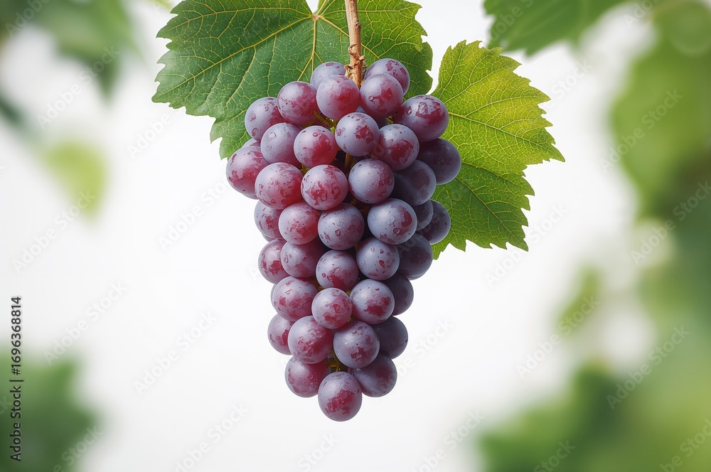 Obraz premium Fresh green grapes accompanied by leafy foliage against a white background