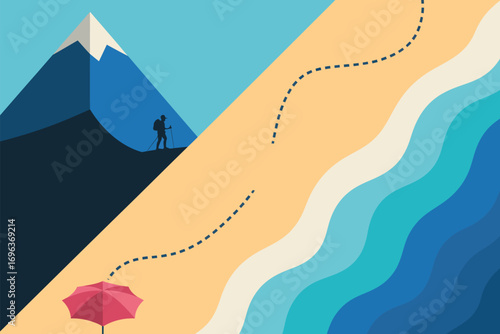 A split image showing a mountain with a hiker and a beach with an umbrella and ocean waves