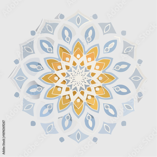 An elegant and intricate mandala design featuring gold, blue, and white paper-like layers on a light background.