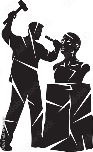 Vector art of silhouette of a sculptor carving a bust from a block of stone with a hammer and chisel