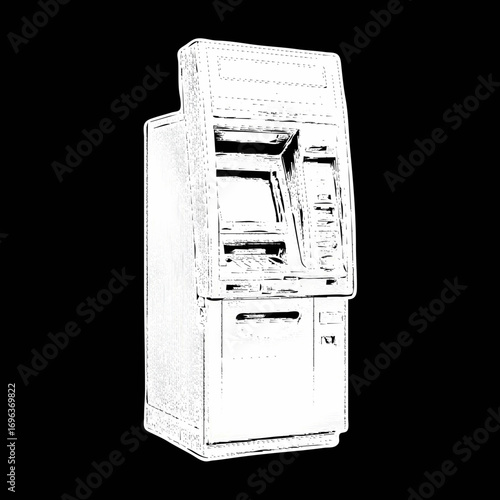 ATM machine displayed in a sketch style with a dark background highlighting banking technology and accessibility
