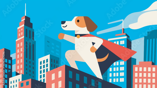 illustration of a dog wearing a cape and saving the city vector design template