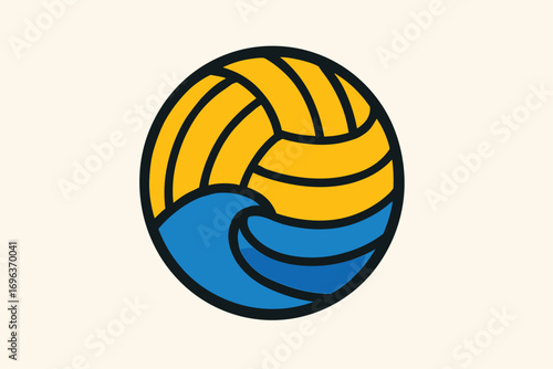 Water polo ball design with blue waves and yellow stripes.