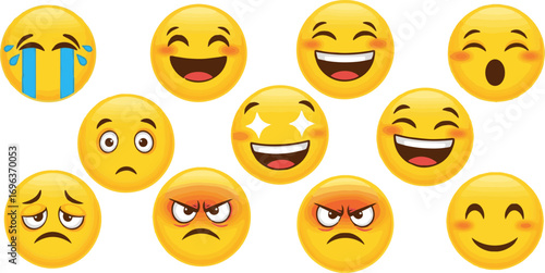 Create a Funny cartoon yellow emoji and emotions icon collection. Mood and facial emotion icons. Crying, smile, laughing, joyful, sad, angry and happy faces, emoticons vector art with white background