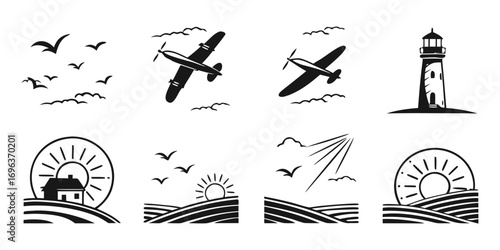 Collection of Vintage Icons: Airplanes, Lighthouse, Nature Scenes
