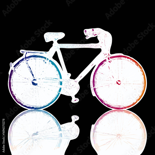 Bicycle silhouette with colorful wheels reflected on a black background, highlighting creativity in design and art