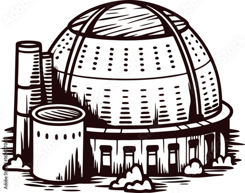 Hand drawn illustration of a nuclear power plant dome with cooling towers and industrial details