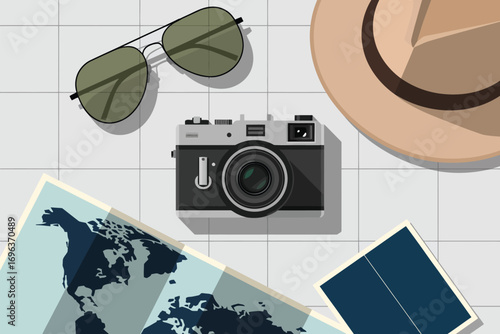 A flat lay of a camera sunglasses hat and map on a tiled surface suggesting travel and adventure plans