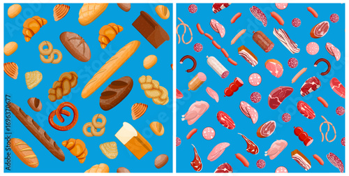 patterns with various bread and meat products on blue background. Fresh bakery goods and deli meats. Flat-style food illustration for grocery store.