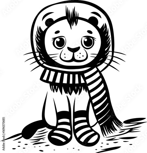 Cute lion cub wearing striped scarf and winter hat sitting, black and white hand drawn animal illustration