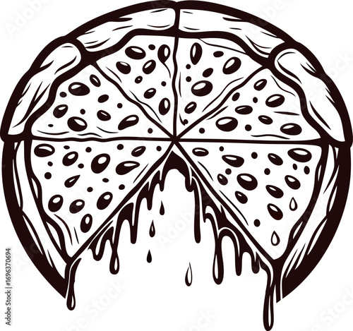Hand drawn melting cheese pizza with dripping slices in black and white engraving illustration