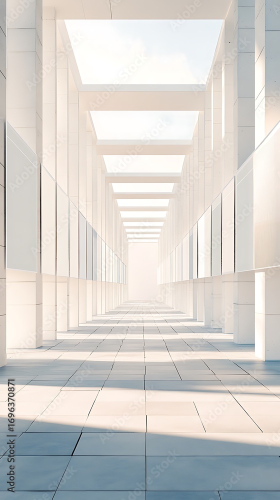 Obraz premium Modern architectural corridor with repeating geometric shapes and natural light creating a sense of depth and perspective