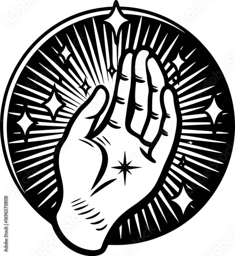 Open hand with mystical radiant lines and stars in circular frame, black and white vintage engraving illustration