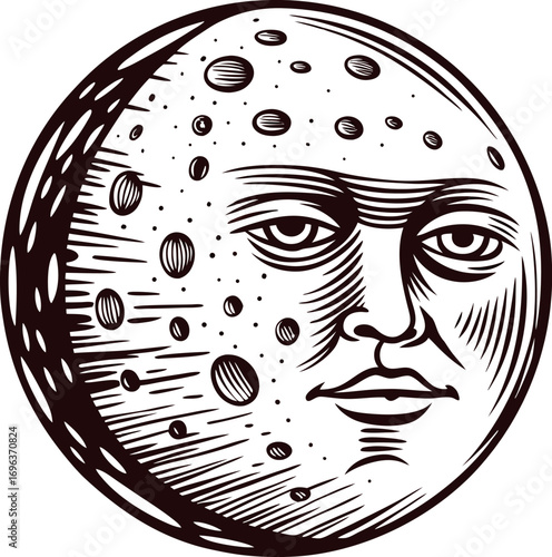 Retro engraved crescent moon face with crater details, vintage astronomical illustration in black and white