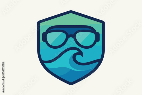 Sunglasses Wave Ocean Shield Logo Design.