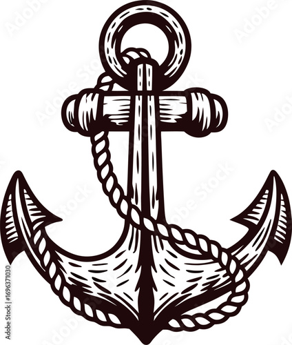 Vintage engraved anchor with rope isolated on white background hand drawn maritime illustration