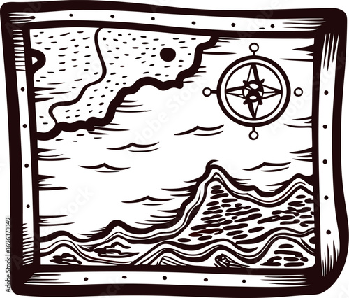 Vintage hand drawn treasure map with mountains and compass rose, antique maritime illustration